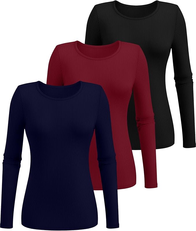 Ficerd 3 Pack Women's Ribbed Long Sleeve Tops, Crew Neck Slim Fit Undershirts Knit Basic Casual Stretch Layering Tee Shirts