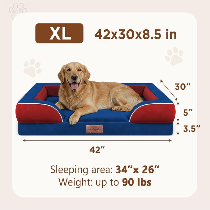 Comfort Expression Orthopedic Dog Bed for Extra Large Dogs with Bolster | Waterproof Dog Couch Bed with Washable Cover & Non-Slip Bottom, Supportive Egg Crate Foam XL Pet Bed, 42x30 Inch