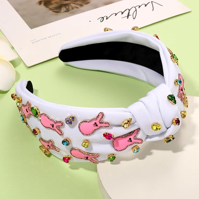 mokkia Easter Headbands Beaded Rabbit Bunny Headband for Women Pink Spring Knotted Headband Easter Hair Accessories Gifts
