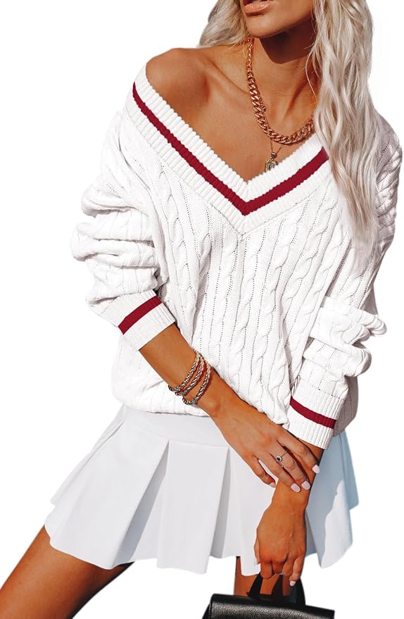 Aoudery Womens V Neck Oversized Sweaters Long Sleeve Cable Knit Pullover Striped Chunky Sweater Casual Tennis Tunic Tops