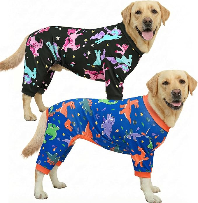 XPUDAC 2 Pack Dog Pajamas for Large Sized Dog, 4-Way Stretch Soft Dog Onesie Lightweight Warm Pet Clothes Jammies for Large Breeds Dinosaur Print, 7XL