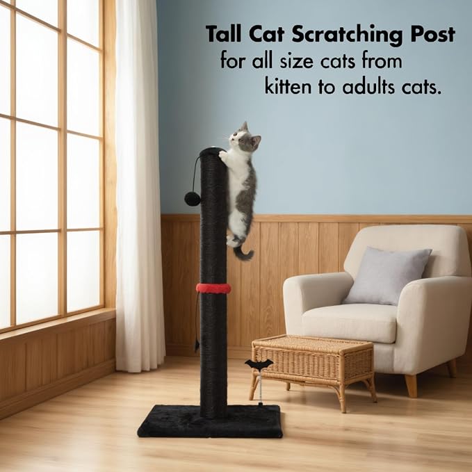 MECOOL Cat Scratching Post Premium Sisal Scratch Posts with Hanging Ball Vertical Scratcher for Indoor Cats and Kittens,Black