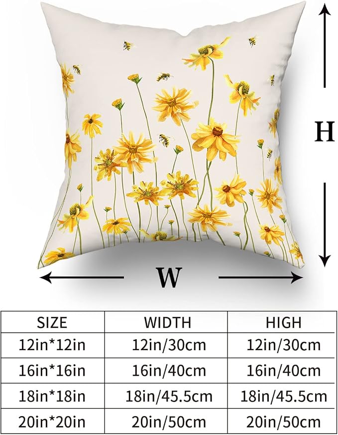 Spring Summer Throw Pillow Covers 16X16 Inches Set of 2 Yellow Flowers Coreopsis Bee Decorative Pillow Cases Bees Floral Pillow Cover Farmhouse Home Decor for Outdoor Room Couch Patio Porch