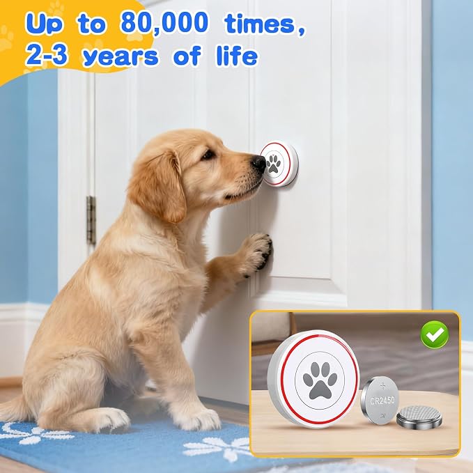 Dog Door Bell for Potty Training, IP55 Waterproof, 55 Ringtones, 0-115dB | Touch-Activated Wireless Dog Bell Helps Puppies Signal Outside, 5 Volume Levels and Waterproof Button for Indoor/Outdoor Use