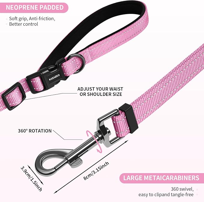 Kazazoo Hands-Free Dog Leash Adjustable Length 5-8 Ft,Waist & Crossbody Leash for Walking with Small Dogs Bichon Frisé & Teddy Reflective Strips, Ballistic Nylon, Waist Belt, Lightweight Pink