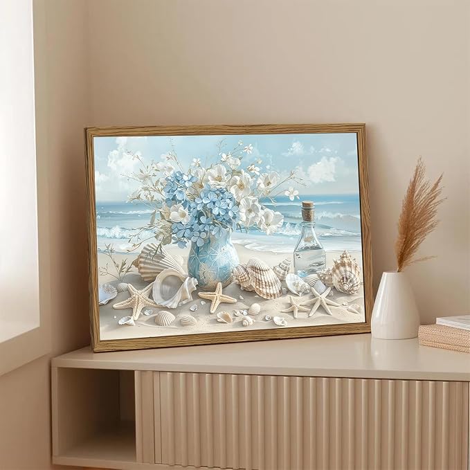 Framed Beach Canvas Wall Art, Blue Coastal Pictures Wall Decor Paintings, Ocean with White Floral Shell Poster Prints, Modern Seascape Artwork Home Decor for Living Room Bathroom 12x16 inch