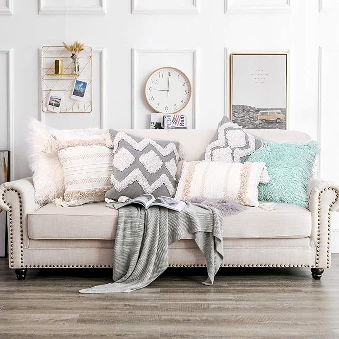 Lumbar Decorative Boho Throw Pillow Cover, 12 x 20 Farmhouse Cute Pillowcase Minimalist Neutral Collection Cream White Tufted with Tassels Woven Cushion Cover for Sofa Couch Bedroom Living Room