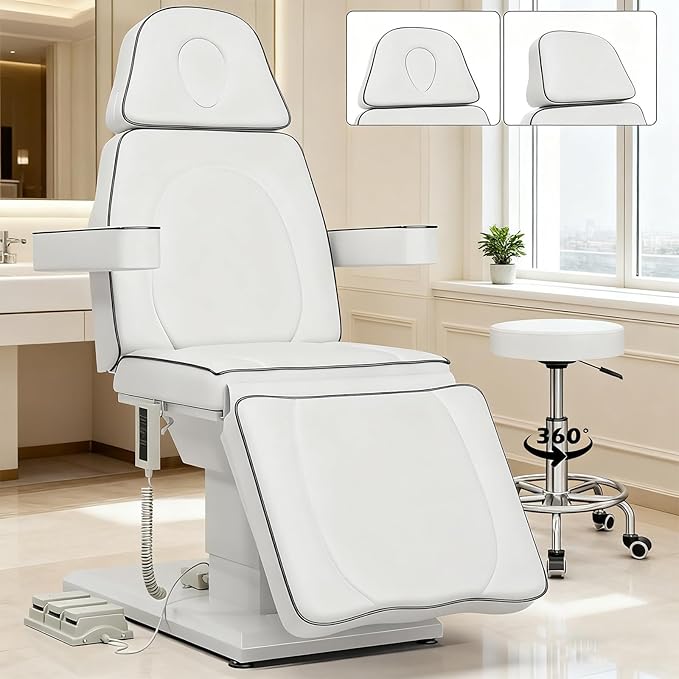 VARONXE Icoget Fully Electric Esthetician Bed, 3 Motors Massage Table Tattoo Facial Chair, 4-Section Adjustable Tteatment Table for Spa, Waxing, Microblading, Beauty, Includes Stool, White