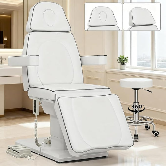 VARONXE Icoget Fully Electric Esthetician Bed, 3 Motors Massage Table Tattoo Facial Chair, 4-Section Adjustable Tteatment Table for Spa, Waxing, Microblading, Beauty, Includes Stool, White