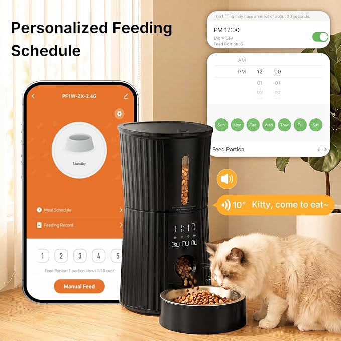 NEWBULIG 4L Automatic Cat Feeder with APP, 2.4G WiFi Pet Feeders - Black | Applicable for Dry Food, 19.5 Cups, Programmable Schedule, 10 Meals/Day, 50 Portions/Meal, 10s Voice Recorder, Dual Power