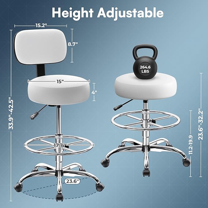 SUPERJARE Drafting Chair with Back, Adjustable Foot Rest Rolling Stool, Multi-Purpose Office Desk Chair, Thick Seat Cushion for Home Bar Kitchen Shop - White 7205W