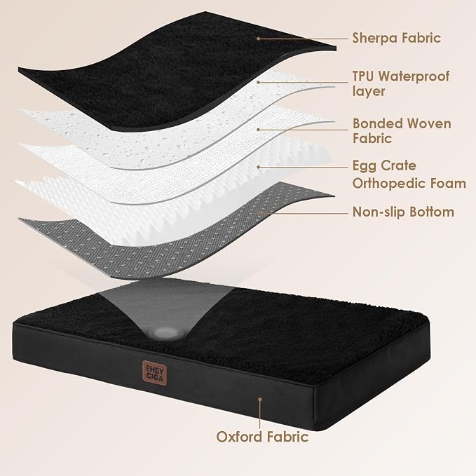 EHEYCIGA Orthopedic Dog Bed Large with Removable Washable Cover, 47IN Black | Egg Crate Foam Support, Durable Oxford fabric, Non-Slip Bottom, Machine Washable, Soft Waterproof Plush Pet Bed Mat For Crate