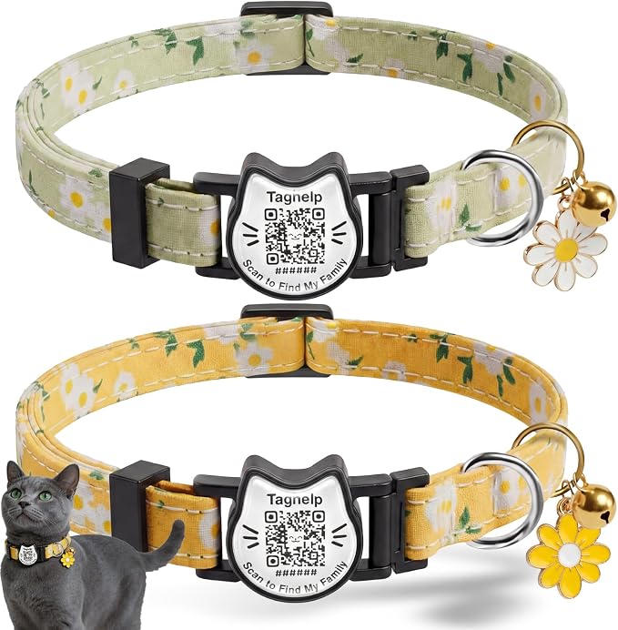 Breakaway Cat Collar with QR Code Tag and Bell (Yellow & Green, Pastoral Style)