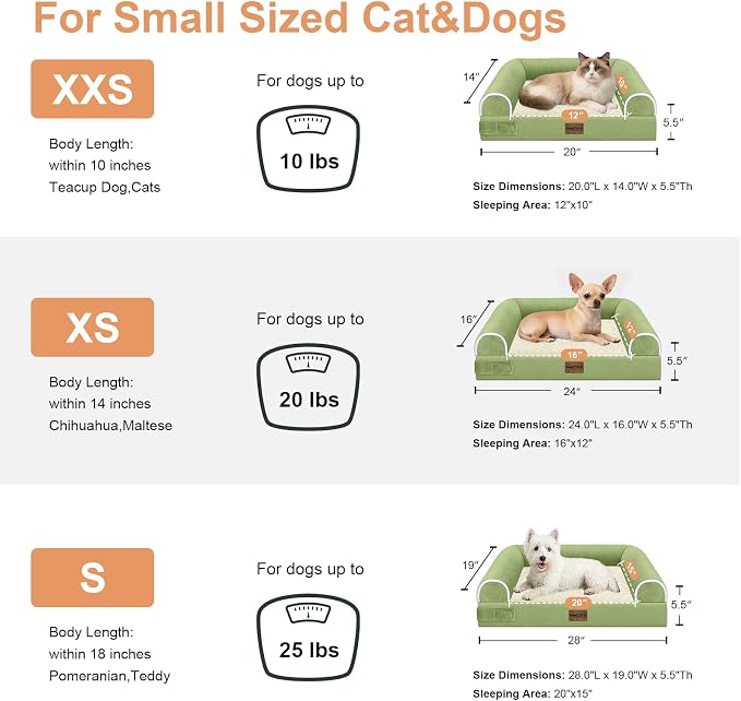 Orthopedic Dog Bed for Small Dogs, 24 x 16 Inch, Grass Green | Egg crate foam for joint support, 3-sided bolster pet sofa, waterproof lining, washable cover, and non-skid base