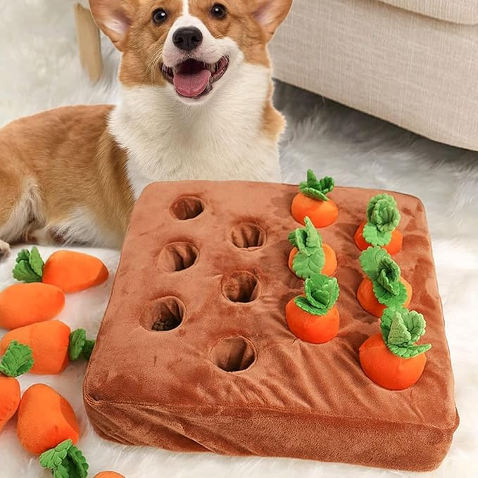 Carrot Dog Toy - Interactive Foraging Puzzle, Treat Hiding Plush Mat, Mental Stimulation Slow Feeder Enrichment Toy for Small Medium Dogs & Cats, Machine Washable
