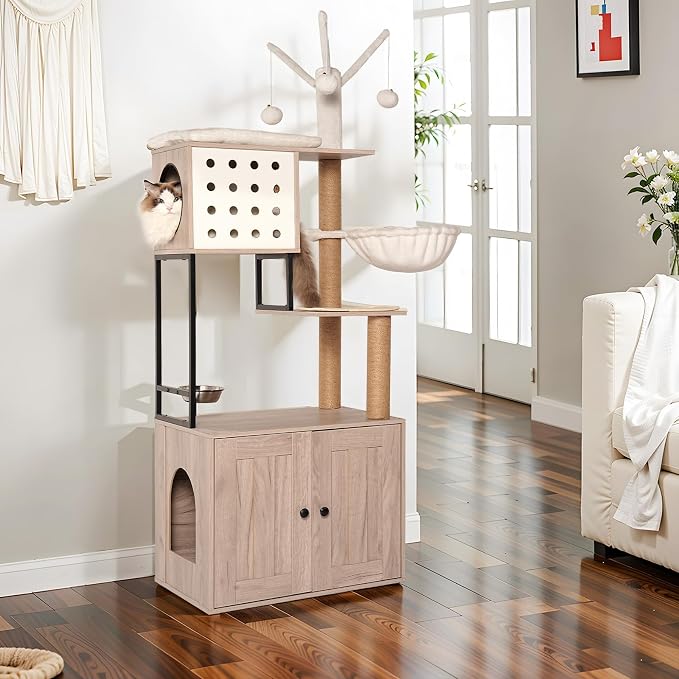 Cat Tree & Litter Box Enclosure,Modern All-in-one Indoor Cats Tower with Large Platform, Cat Condo with Wood House, Food Station, Hammocks (23.6”)