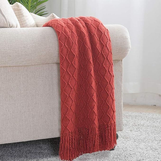 BOURINA Rust Throw Blanket 50x90 Inch Boho Knitted Soft Throw Sofa Blanket | Knitted Throw Blanket 50x90 Inches, Soft Lightweight Boho Weave Throw Decorative Couch Blanket for Living Room Bed Runner