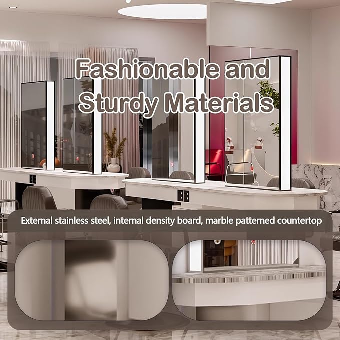 4-Person Salon Station for Hair Stylist with Sleek Modern Glossy Black Design, Barber Station includes LED Mirror, Spacious Countertop, Drawer & Cabinet