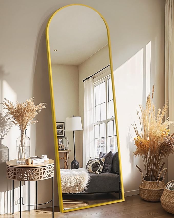 Full Length Mirror, Large Floor Mirror for Wall, Bedroom, Bathroom, Living Room with Aluminium Frame (Stand, Arch 56x15-Gold) | Aluminium alloy frame with HD float glass for distortion-free reflection. Free standing or wall mounted.