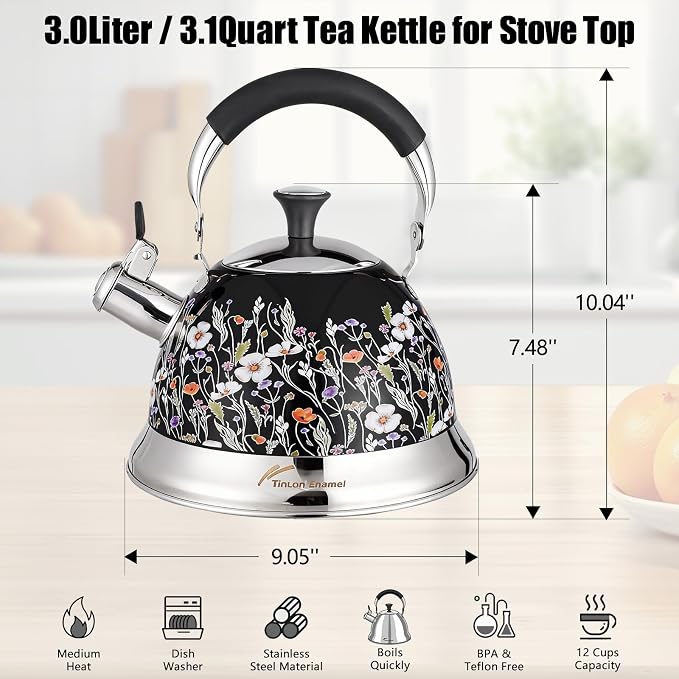 Stainless Steel Whistling Tea Kettle Stovetop - 3.1QT Tea Pot for Stove Top, Vintage Floral Print, Foldable Handle, 304 Stainless Steel Interior Teatop for Tea, Coffee, Party & Gift