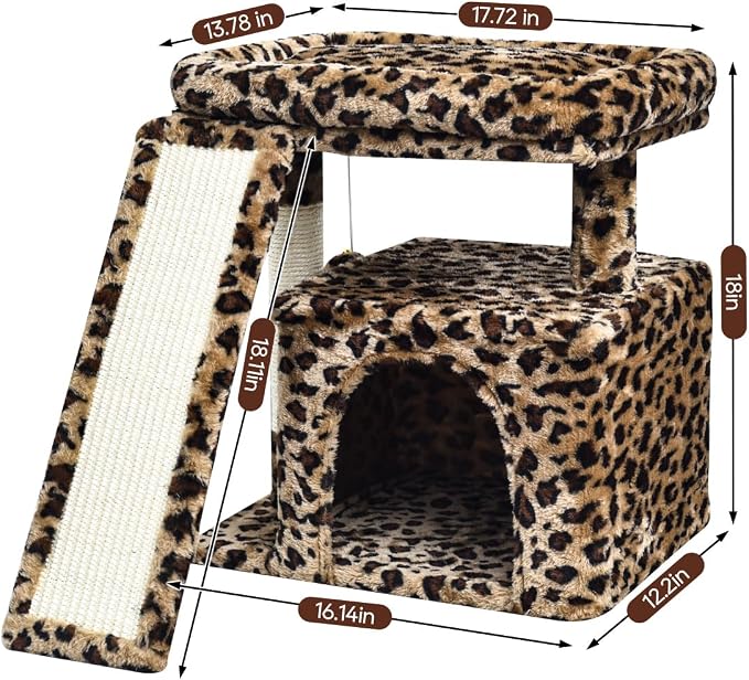 Small Leopard Print Cat Tree for Indoor Cats | Short Tower with Scratching Post, Ramp Pad, Condo with Perch Bed, Kittens Play House, Hanging Plush Ball & Cave for Resting (Leopard Print)