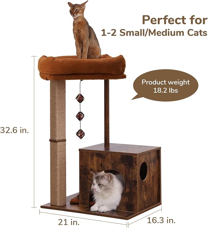 FUKUMARU Retro-Modern Cat Tree, Small Wooden Cat Tower with Post and Condo | 32.6" Aesthetic Cat Tree Tower for Indoor Adult Cats, Solid Scratcher with Natural Sisal Scratching Post and Silvervine Balls