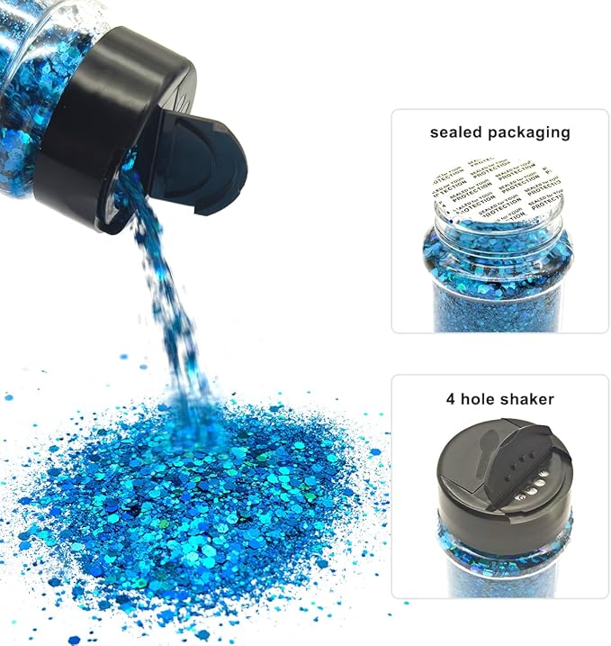 Sky Blue - Craft Glitter - 2oz Glitter Shaker Bright Colorful Holographic Mix Chunky Body Glitter Bulk Wholesale 24 Colors in Shaker Cosmetic Glitter - EBLB700