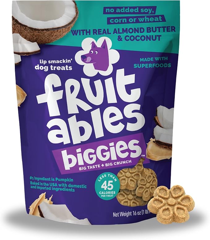 Fruitables Biggies Dog Biscuits, Pumpkin Treats for Dogs, Healthy Doggie Biscuits, Crunchy Treats, No Wheat, Corn or Soy, Made in the USA, Almond Butter and Coconut Flavor, 16oz