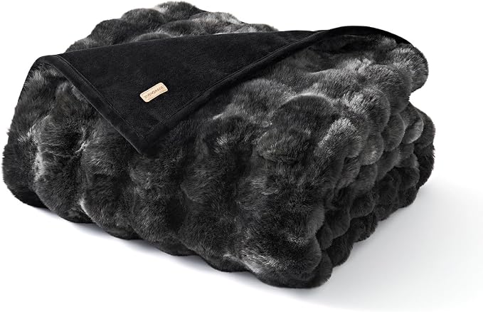 Faux Rabbit Fur Bubble Throw Blanket, 50"x60", Marble Black | Ultra Soft, Luxury Faux Rabbit Fur Throw, Thick Warm Bubble Blanket, Cozy Fluffy Reversible, for Bed, Couch, Chair, Sofa