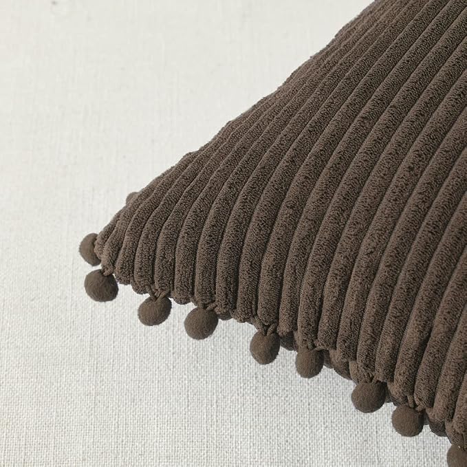 Fancy Homi Pack of 2 Dark Brown Decorative Throw Pillow Covers 20x20 Inch with Pom-poms for Couch Bed, Soft Corduroy Solid Square Cushion Case 50x50 cm, Farmhouse Boho Home Decor
