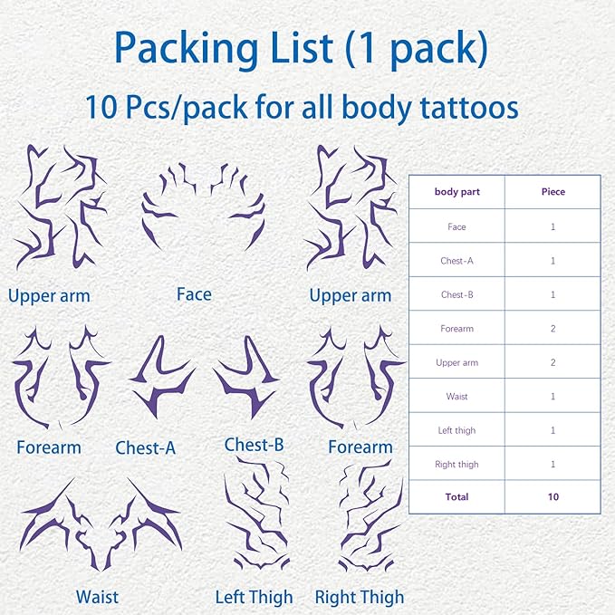 Rumi Tattoos Body Set–10 Purple Pieces per Pack (1 Face, 2 Chest, 2 Upper Arm, 2 Forearm, 1 Waist, 2 Thighs Symmetrical), Temporary Body Tattoos, Waterproof & Skin-Safe (Purple, 1 Pack)