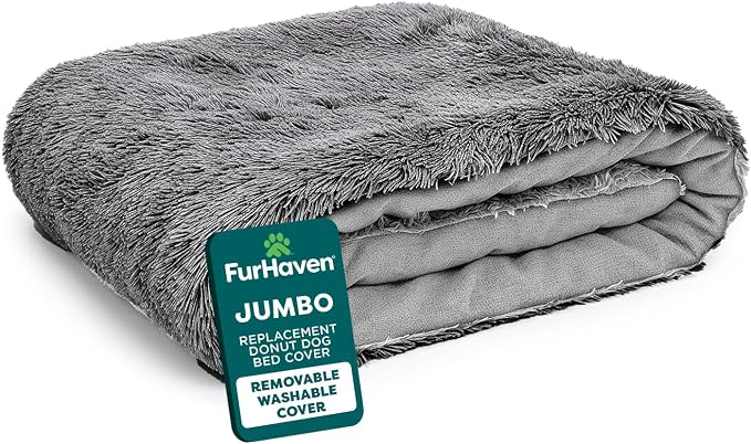 FurHaven Replacement Dog Bed Cover, Long Faux Fur for Calming Cuddlers, Machine Washable, Customizable Filling, Jumbo XL, Gray