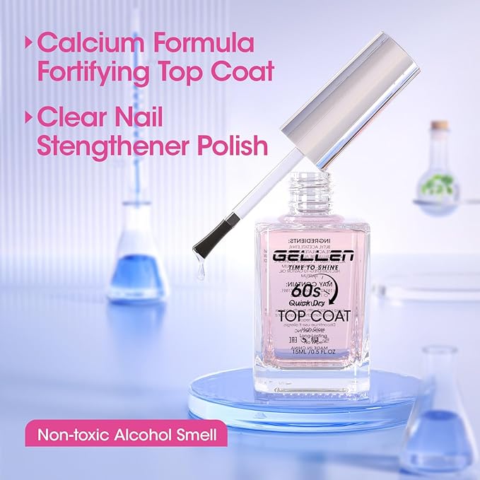 GELLEN Clear Nail Polish Top Coat Quick Dry in 60 Seconds, High Gloss Shine Top Coat Fast Air Drying Regular Nail Polish, Hema Free, Non-toxic, No Chip, Long Lasting, No Pink