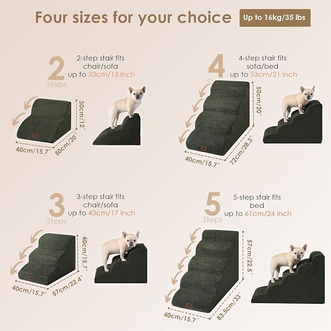 EHEYCIGA Curved Dog Stairs Ramp, 4-Step High Beds, 19.7" H Pet Step | 33D density of pure foam, for Small Dogs and Cats, Pet Stairs for High Bed Climbing, Non-Slip Balanced Indoor, Military Green