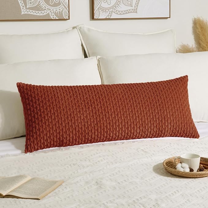 Kevin Textile Soft Corduroy 14"x36" Lumbar Pillow Cover 1 Pack, Rust | Fall Boho Stripe Plush Corduroy Decorative Oblong Cushion Cover Modern Farmhouse Home Decor for Sofa Couch Bed Chair