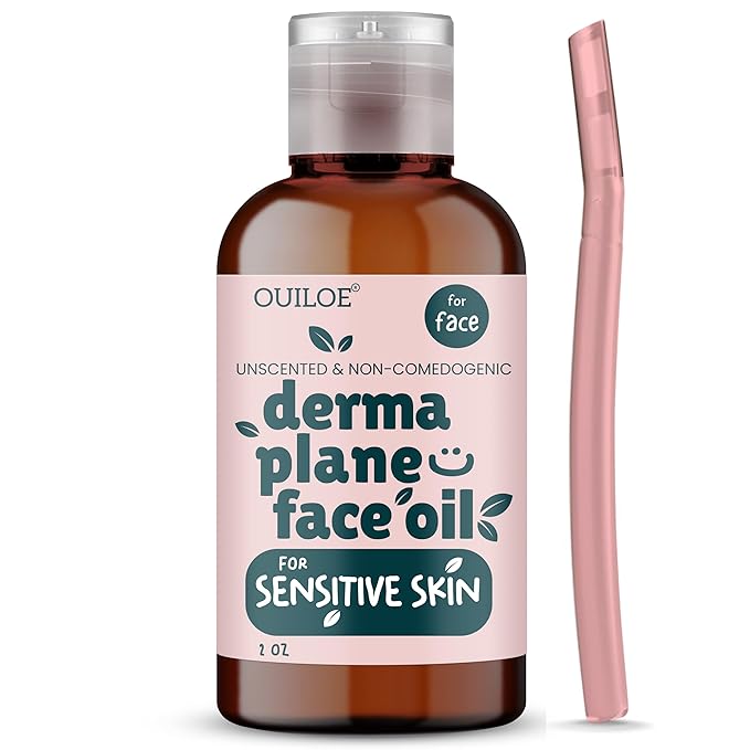 Dermaplane Kit for Sensitive Skin - Non Comedogenic Face Shaving Oil & Razor for Women - Safe for Acne Prone Skin - Fragrance Free, Natural & Non Greasy for Pre & Post Dermaplaning 2oz by Ouiloe