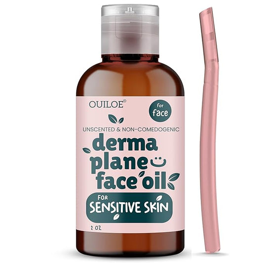 Dermaplane Kit for Sensitive Skin - Non Comedogenic Face Shaving Oil & Razor for Women - Safe for Acne Prone Skin - Fragrance Free, Natural & Non Greasy for Pre & Post Dermaplaning 2oz by Ouiloe