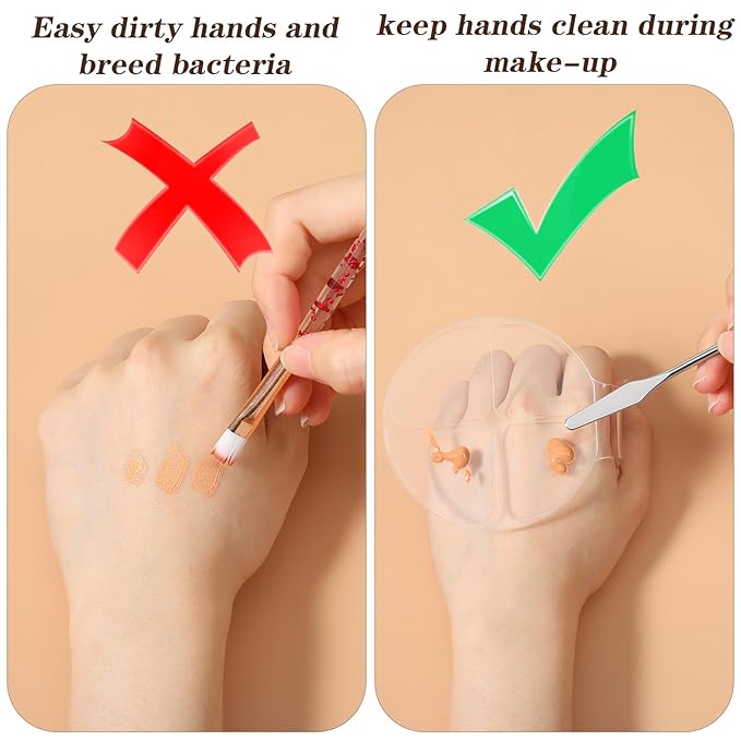 2 Pcs Handheld Acrylic Makeup Palette with 1 Spatula for Foundation, Circular 4 Grid Foundation Mixing Palettes, Clear Handheld Makeup Mixing Palette Nail Art Manicure Tray for Foundations Blending