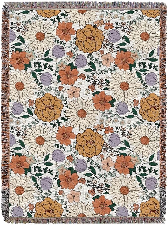 Homesy Boho Floral American Pastoral Southwest Throw Blanket 51"x63" | Southwest Decor,Modern Flower,Sofa Chair Cover,Outdoor Beach Car Tent Travel Camping Use,Tapestry,Reversible and Tassels