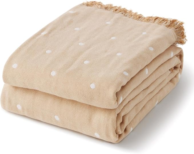100% Cotton Boho Throw Blanket for Home Decor – Classic Farmhouse Quilt Bedding, Muslin Blankets for Adults, Vintage Woven Decorative Blanket for Couch, Bed Layering Use, Classic Dotted, 104"x90"