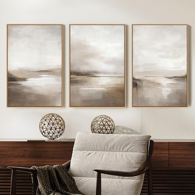 SAFERRYHOME Neutral Abstract Landscape Shapes Wall Art,3 Panels 24x36 Inch | Minimalist Framed Canvas Print Set, Abstract Illustrations Modern Nordic Calm Decor for Living Room,Bedroom,Bathroom,Hallway