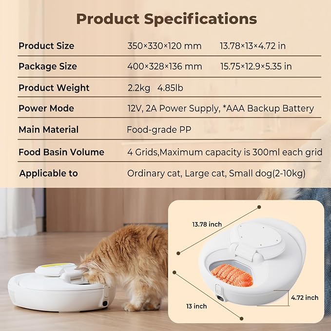 Robotail Automatic Cat Feeder for Wet Food, Smart Dual-Temp Semiconductor Cooling & Heating Auto Cat Feeder with Multi-Function App, 4 Fresh Meal for Cats Small Dog Easy to Clean