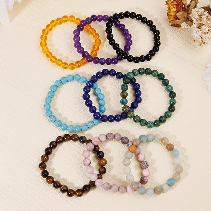 COLOYAN 9PCS Healing Crystal Bracelets for Women Men 8mm Natural Stone Beaded Stretch Bracelet Handmade Reiki Spiritual Jewelry
