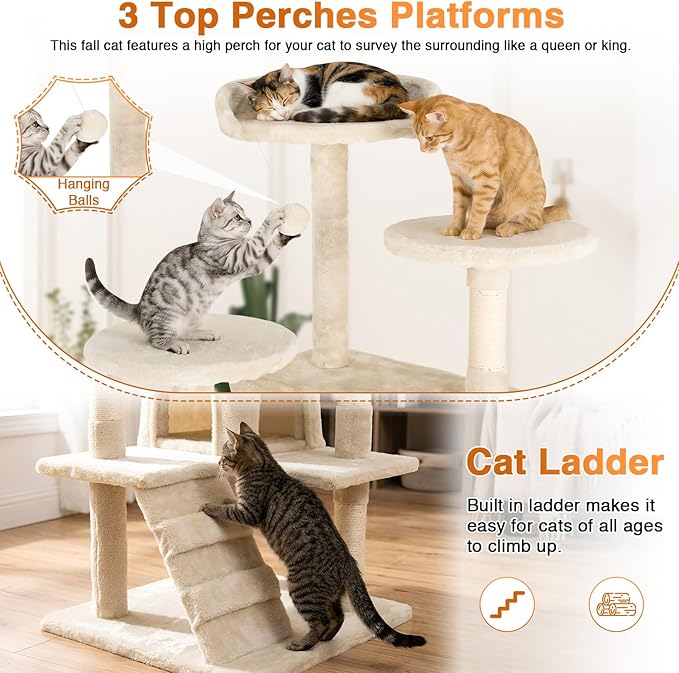 FDW | 54" Cat Tree Tower | Beige | Multi-Level Indoor Activity Center | with Sisal Scratching Posts, Condos, Plush Perches, Hanging Cat Toys | Sturdy, Easy to Assemble | for Kittens & Adult Cats