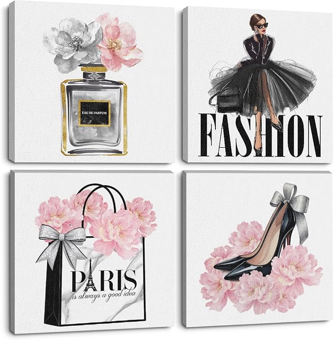 4 Pcs Pink Fashion Women Wall Art Pink Flowers Perfume High Heel Wall Decor