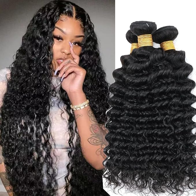 Human Hair Bundles Brazilian Deep Wave Human Hair 3 Bundles Weaves 20 22 24inch 100% Unprocessed Virgin Human Hair Curly Water Wave Wet and Wavy Weave Raw Bundles Deals Natural Black