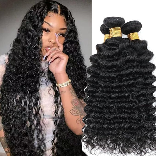 Human Hair Bundles Brazilian Deep Wave Human Hair 3 Bundles Weaves 20 22 24inch 100% Unprocessed Virgin Human Hair Curly Water Wave Wet and Wavy Weave Raw Bundles Deals Natural Black