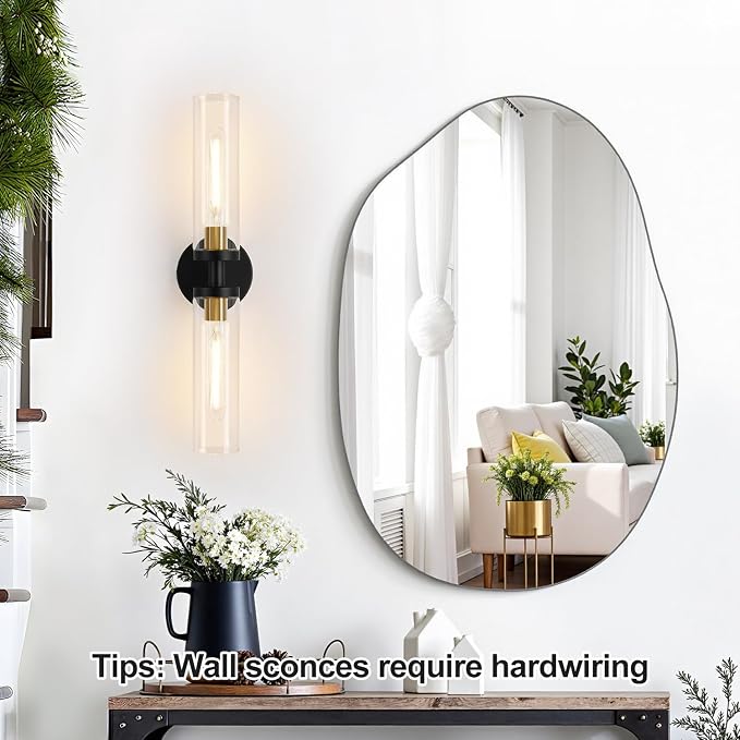 Indoi Black and Gold Wall Sconce, Hardwired Bathroom Sconces Wall Lighting with Clear Glass, Modern Sconces Wall Light fixtures for Bathroom Mirror Living Room Hallway Bedroom