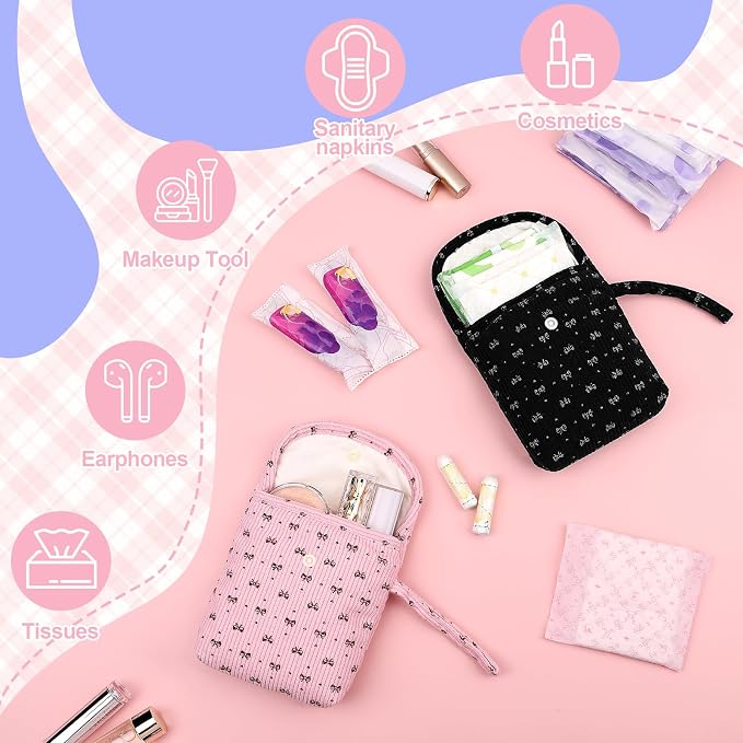 Bow Corduroy Sanitary Pad Pouch Soft Discreet Pad Bags for Period for Women Cute Nursing Pad Holder Menstrual Cup Tampon Pouch First Period Gift Feminine Bag (Pink)