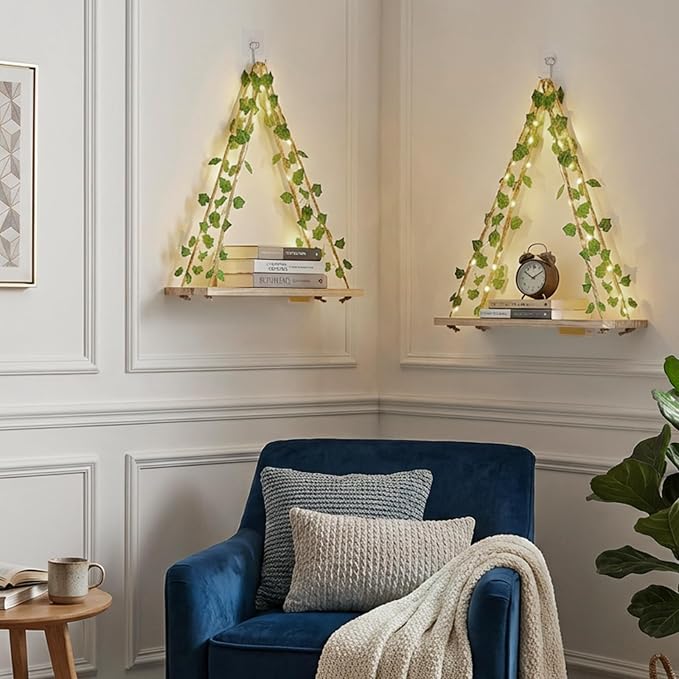 RICHER HOUSE Hanging Floating Shelves No Drill, Macrame Plant Wall Shelf | Boho Trinket Shelf with Artificial Ivy and LED Lights, Cute Wall Art Aesthetic Decor, for Bedroom, Dorm, Two-Way Install